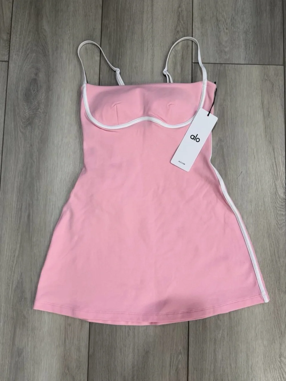 ALO Airbrush Streamlined Mini Dress in Pink Marshmallow with Contrast White Trim